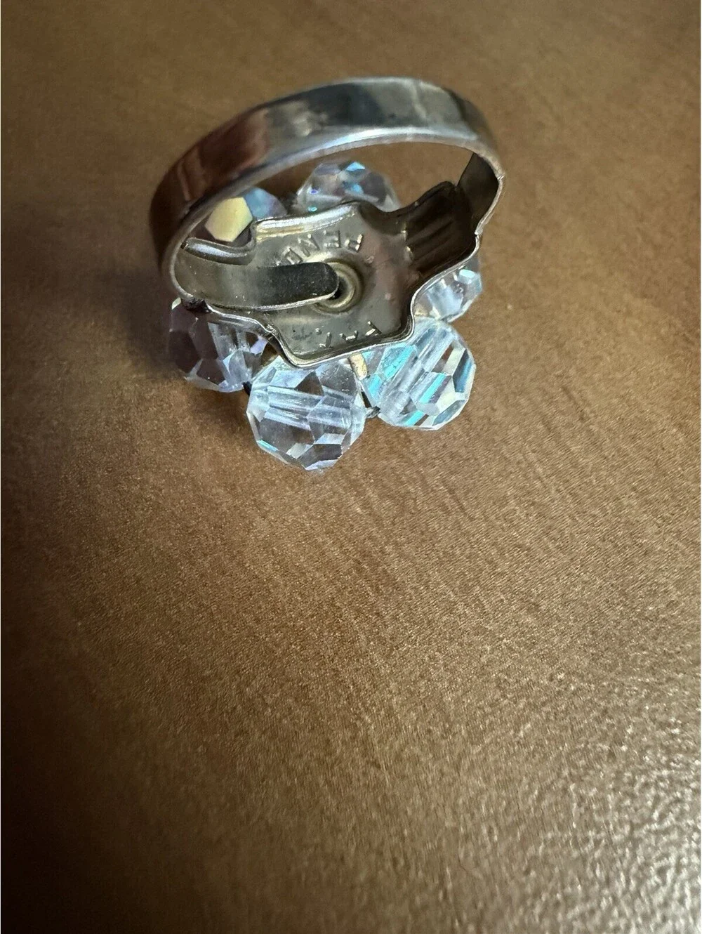 Clear Crystal Flower Cluster Cocktail Ring Silvertone Metal Ring adjustable size